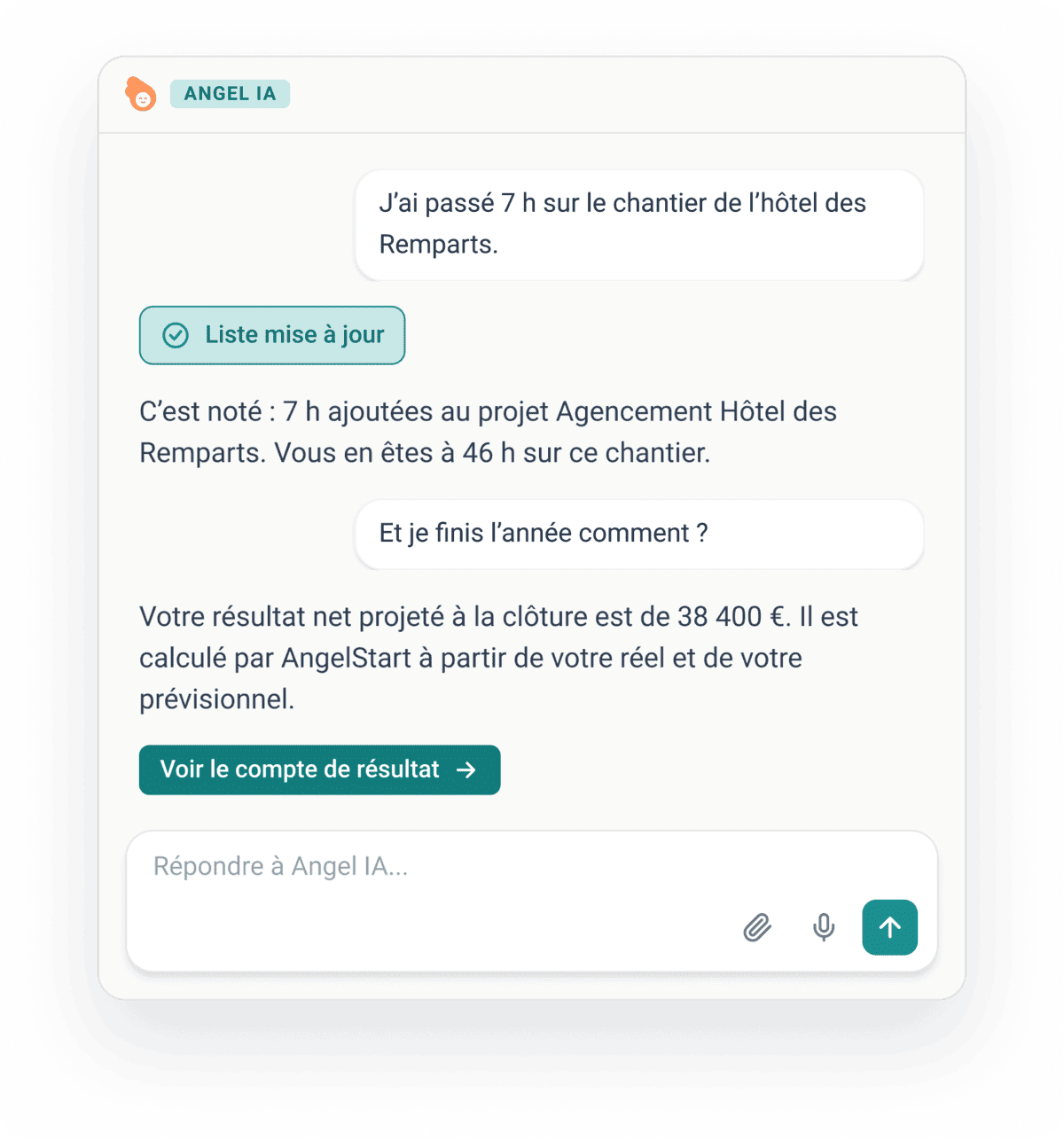 Conversation avec Angel IA : heures ajoutées, résultat projeté