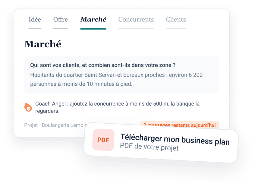 Business plan dans AngelStart : étape Marché et export PDF