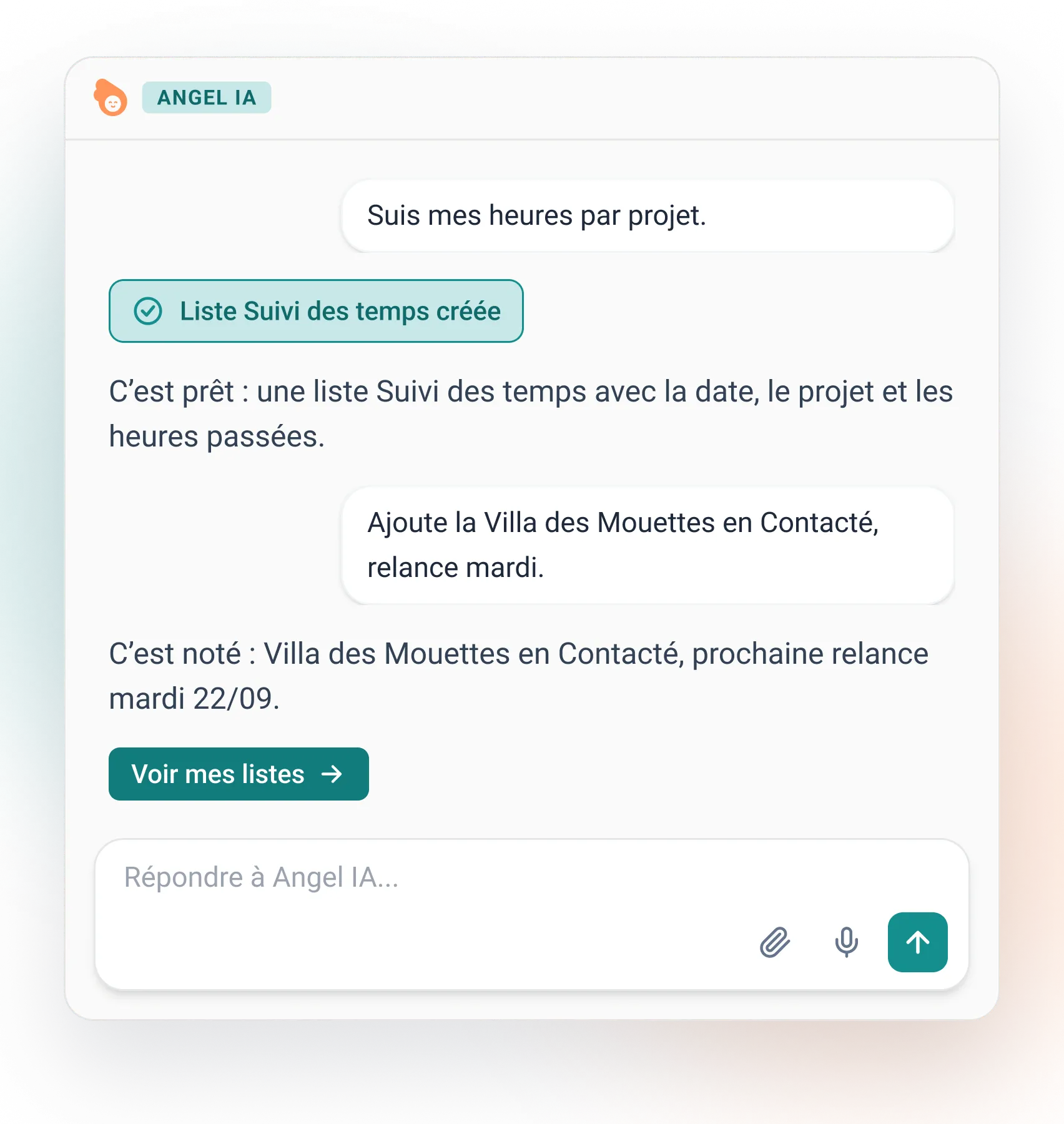 Une conversation avec Angel qui crée une liste de suivi des temps et met à jour un prospect