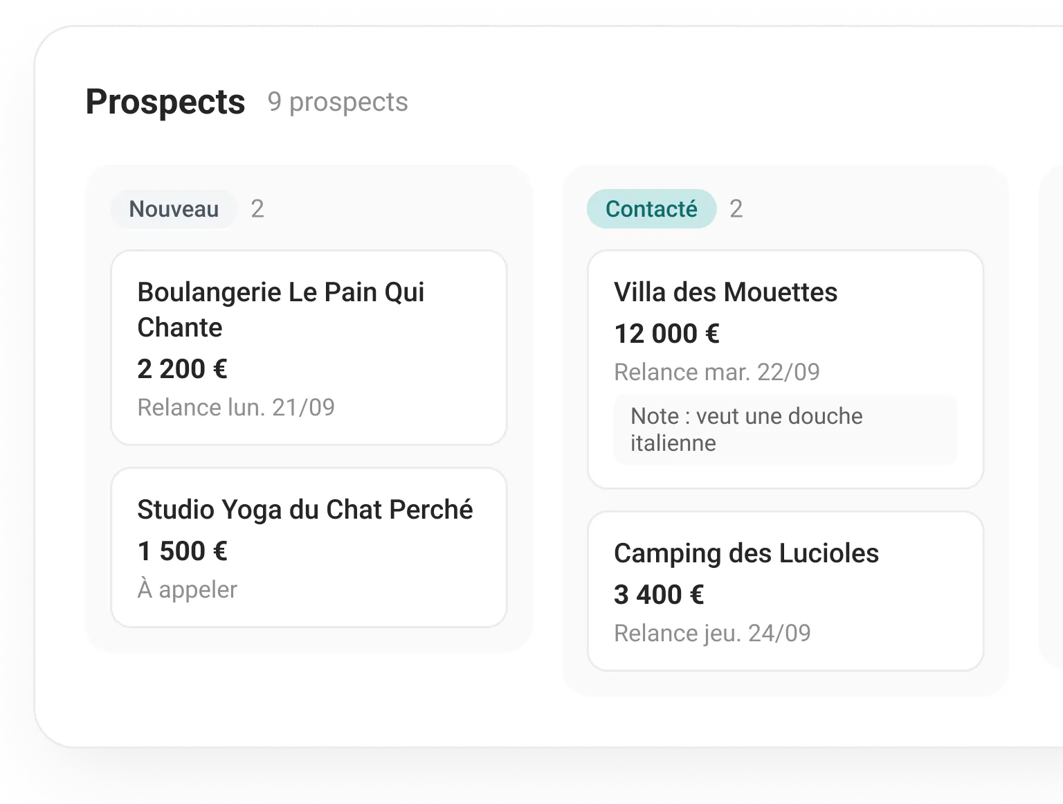 Les deux premières étapes du tableau des prospects, avec le montant estimé de chacun