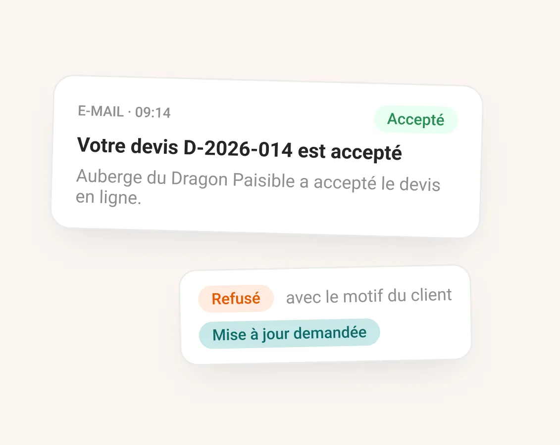 Un e-mail annonce qu’un devis est accepté, un autre devis est refusé avec le motif du client