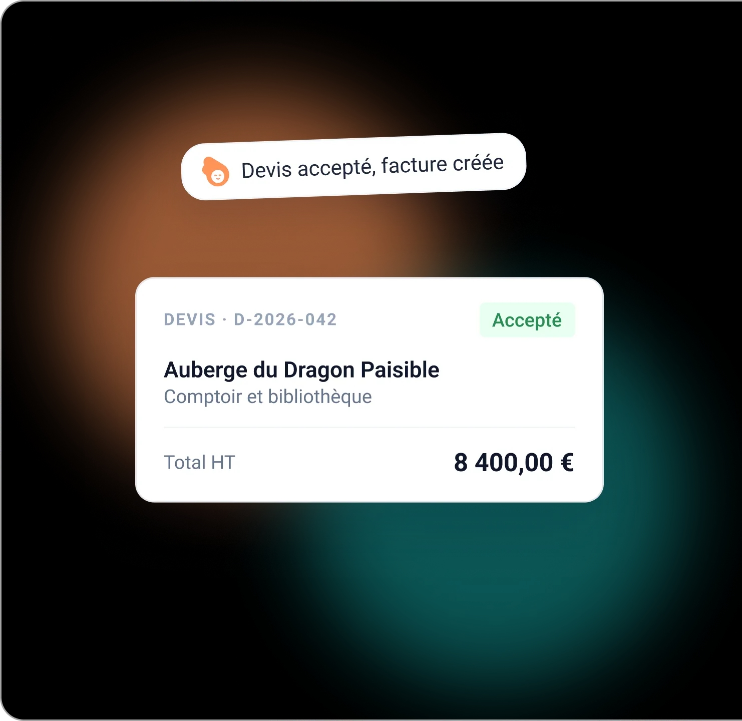 Un devis accepté pour l’Auberge du Dragon Paisible, devenu facture