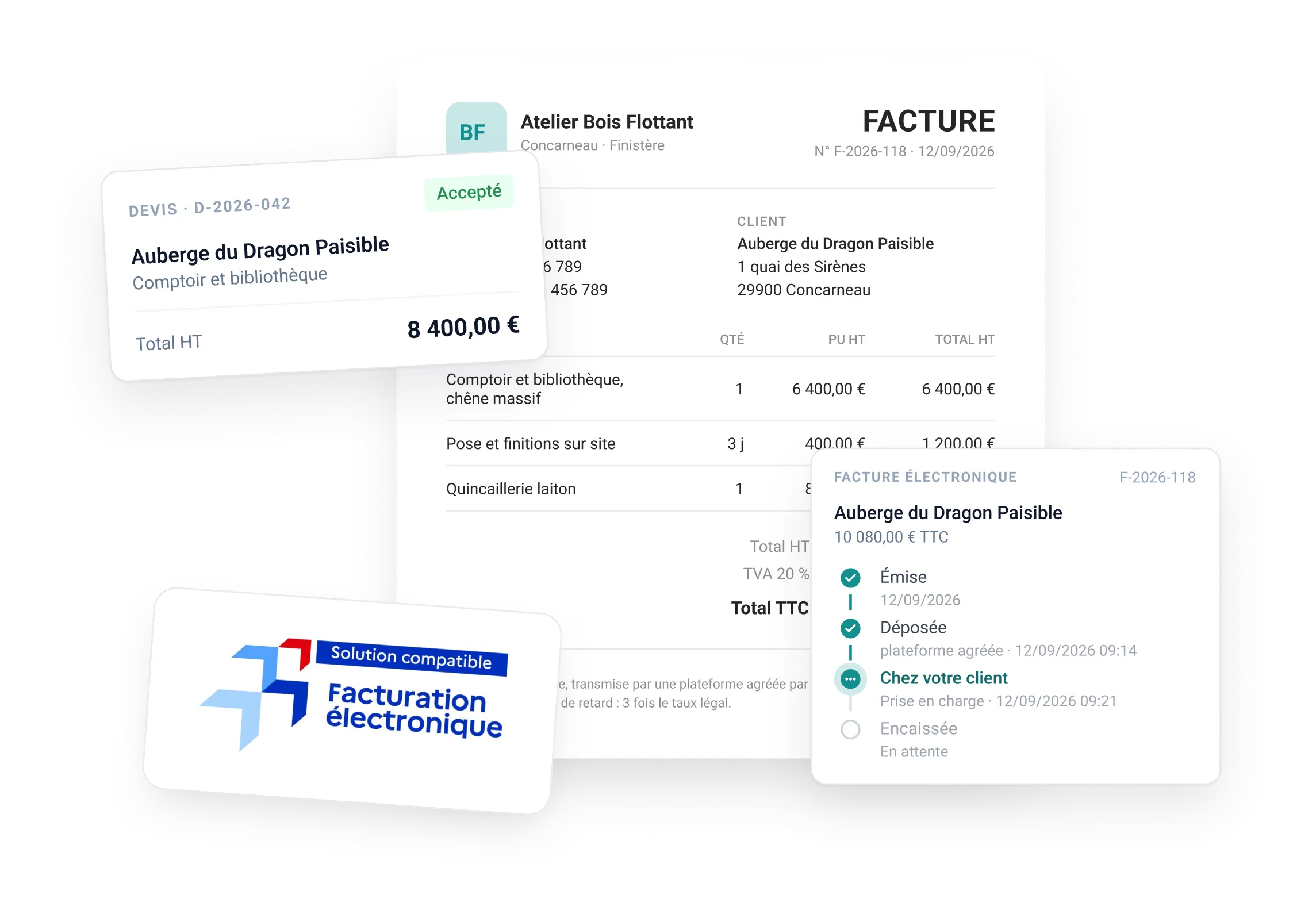 Une facture, un devis accepté, le suivi de la facture électronique et le logo Solution compatible