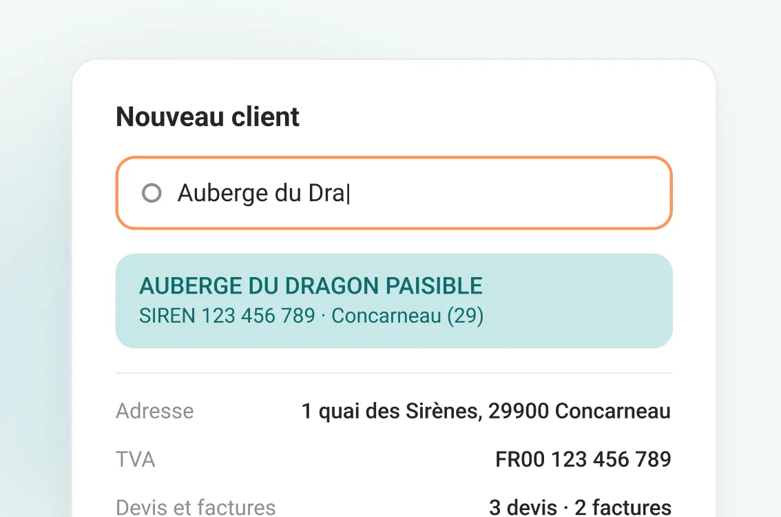 Une fiche client remplie depuis l'annuaire des entreprises