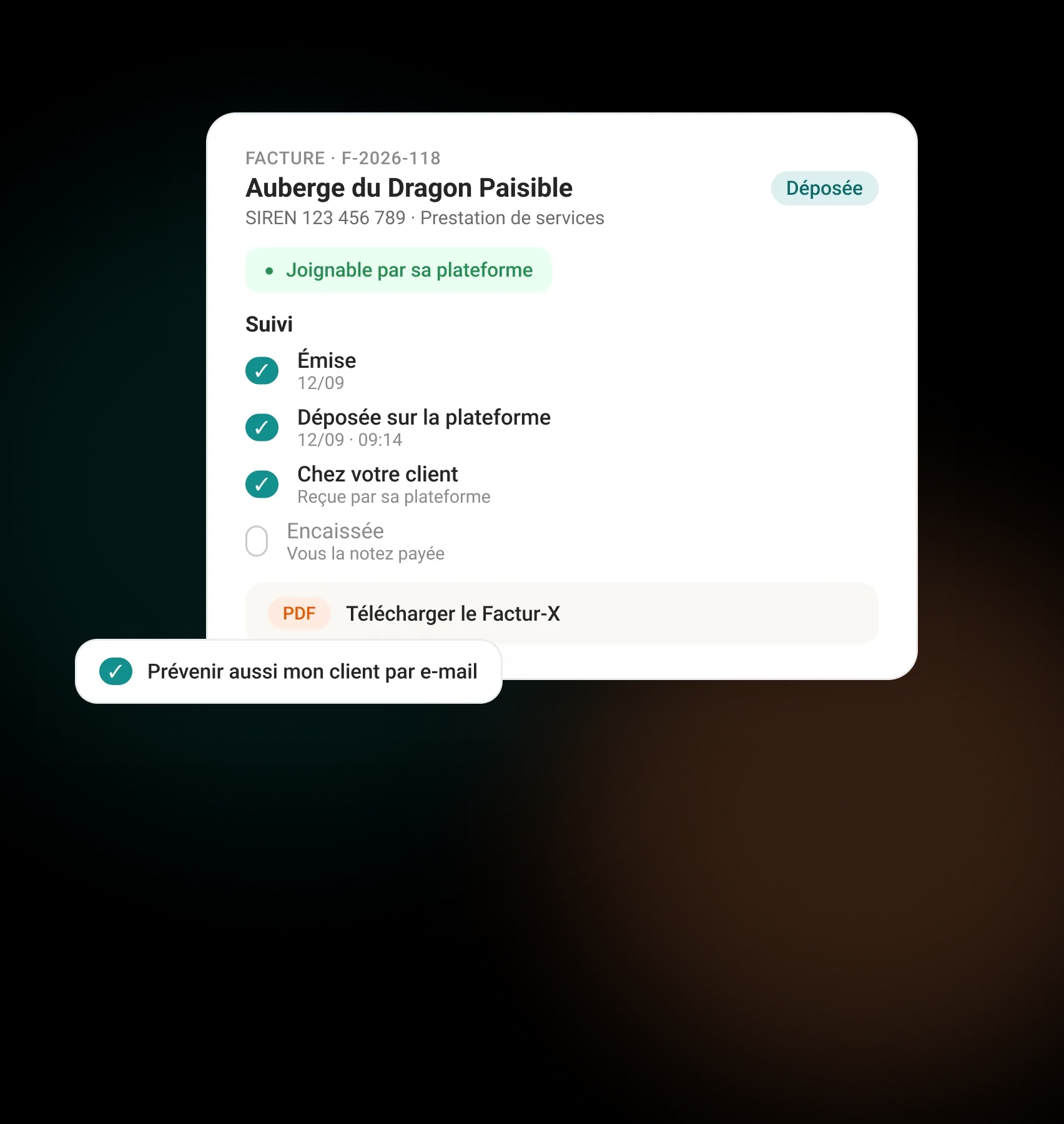 Une facture transmise au format officiel, son suivi étape par étape et la copie envoyée au client par e-mail