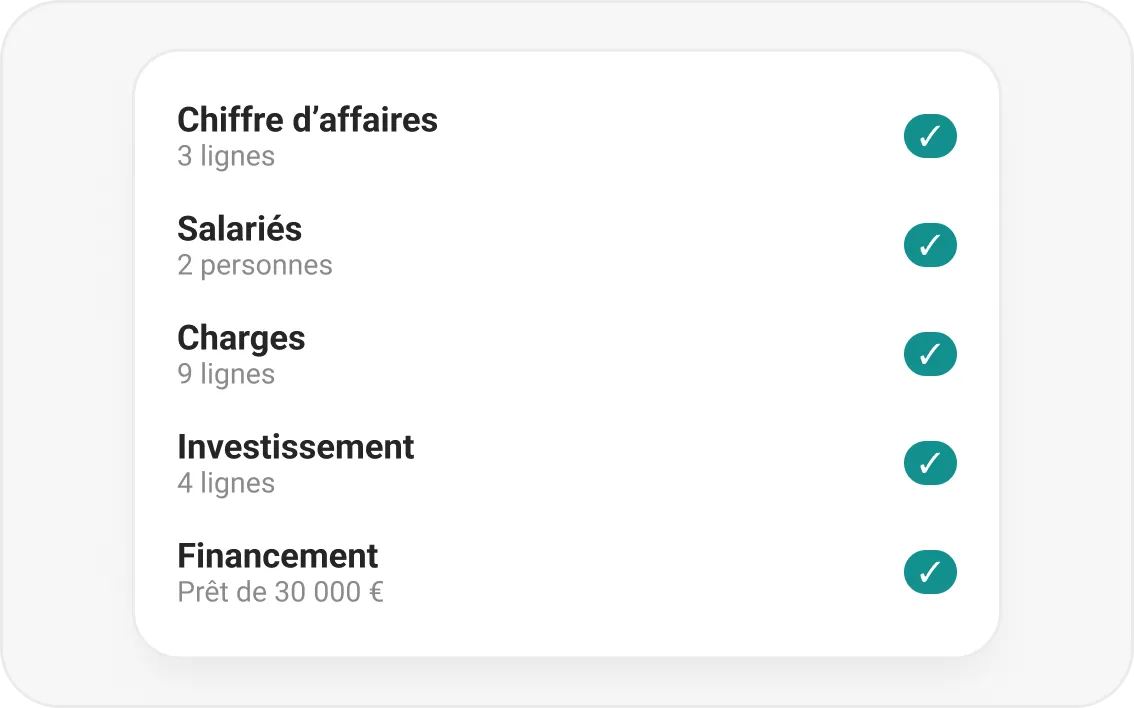 Les étapes du budget remplies : chiffre d’affaires, salariés, charges, investissement et financement