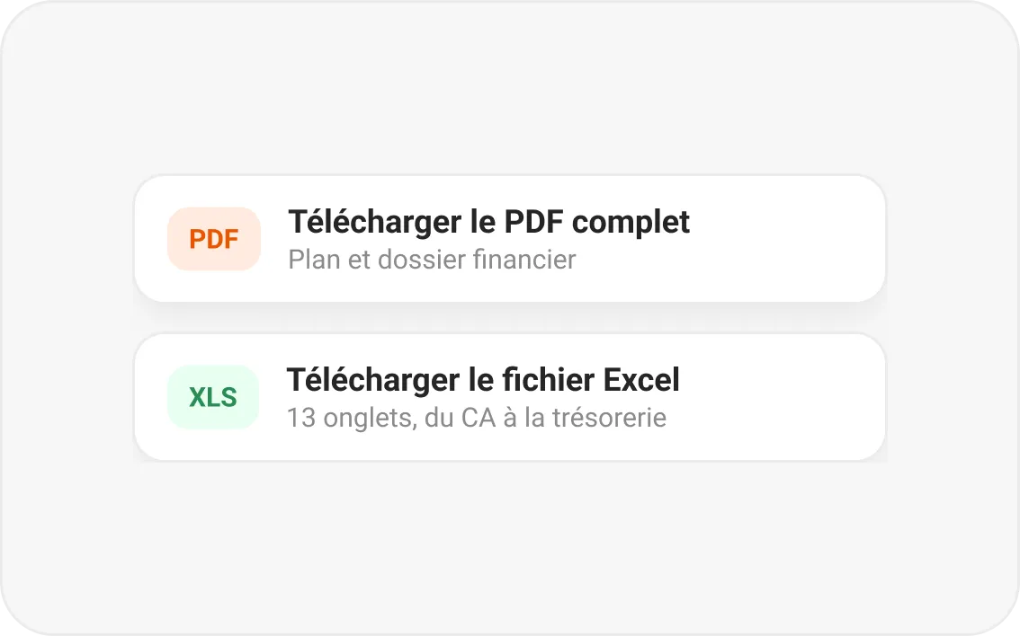 Les boutons pour télécharger le PDF complet et le fichier Excel du prévisionnel