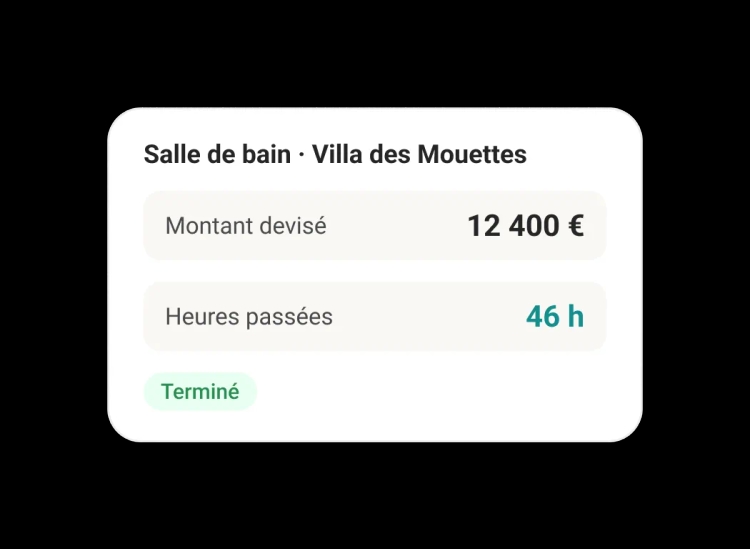 Un chantier terminé avec son montant devisé et ses heures passées