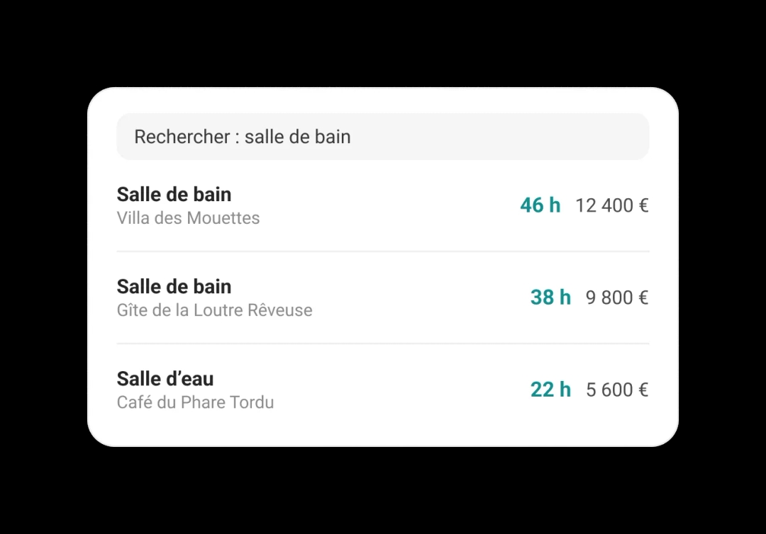Une recherche de chantiers de salle de bain avec leurs heures passées et leur montant devisé