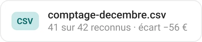Un fichier de comptage importé, 41 articles reconnus sur 42