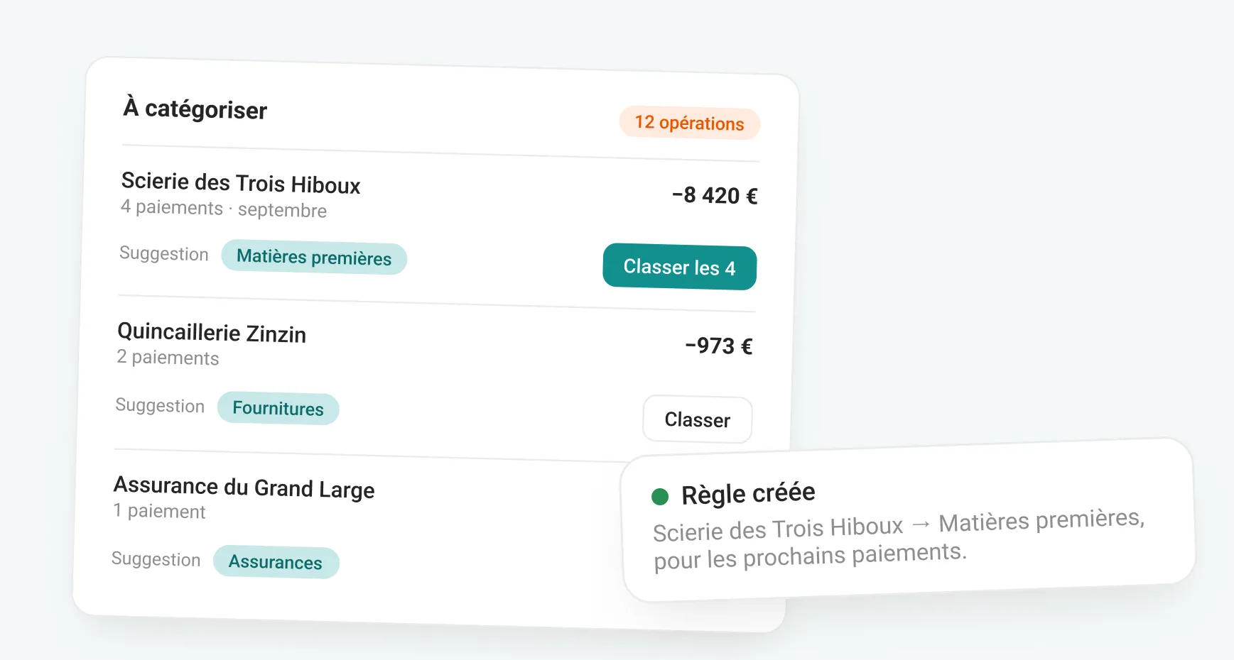 Les opérations à classer par catégorie
