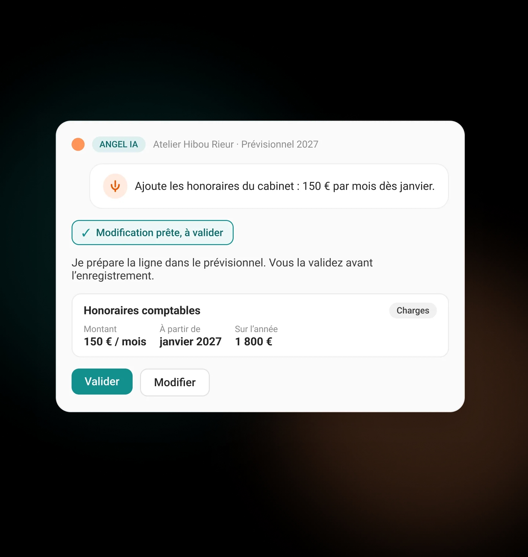 Angel prépare une ligne d’honoraires dans le prévisionnel d’un client et attend la validation du cabinet avant d’enregistrer