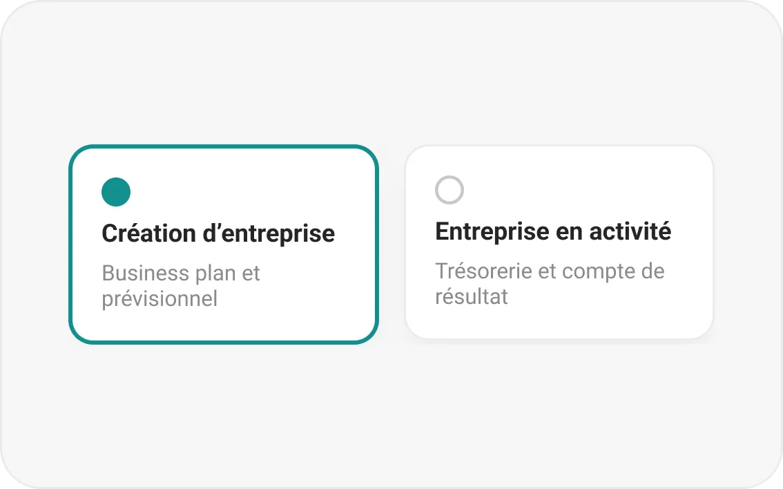 Choisir le type de dossier : création d’entreprise avec business plan et prévisionnel, ou entreprise en activité avec trésorerie et compte de résultat