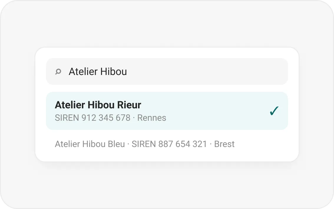 Recherche d’une société par son nom, avec son SIREN et sa ville, pour ouvrir son dossier