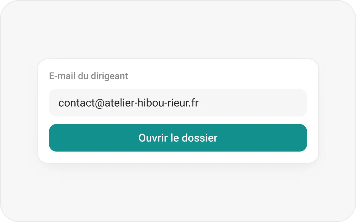 Saisie de l’e-mail du dirigeant et bouton pour ouvrir le dossier