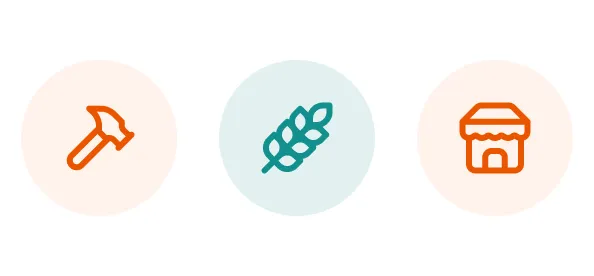 Trois pictogrammes : un marteau pour les artisans, un épi pour les producteurs, une boutique pour les commerçants