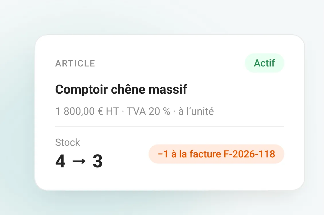 Un article du catalogue dont le stock baisse après une facture