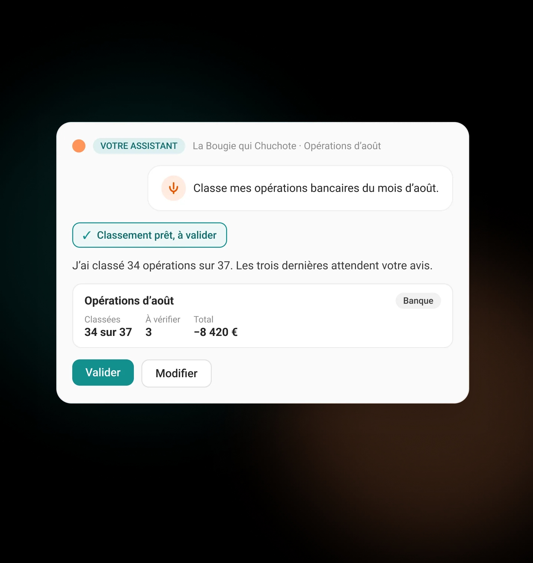 Votre assistant a classé 34 opérations bancaires sur 37 et attend votre validation pour les trois dernières