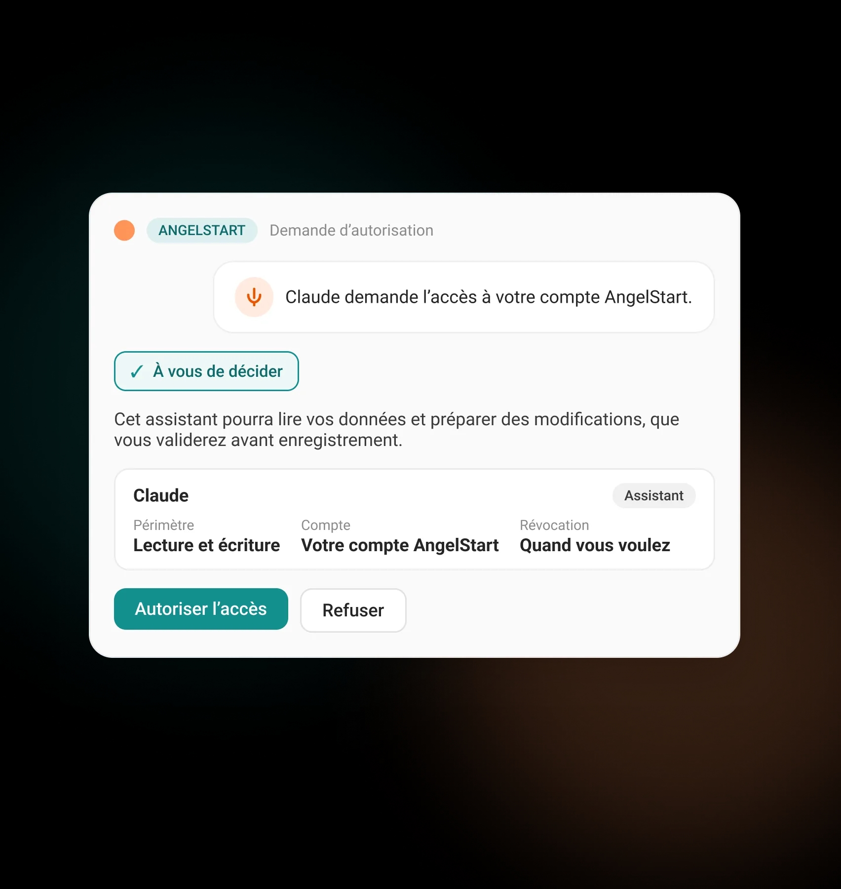 L’écran d’autorisation AngelStart : Claude demande l’accès à votre compte, en lecture et écriture, avec les boutons Autoriser et Refuser